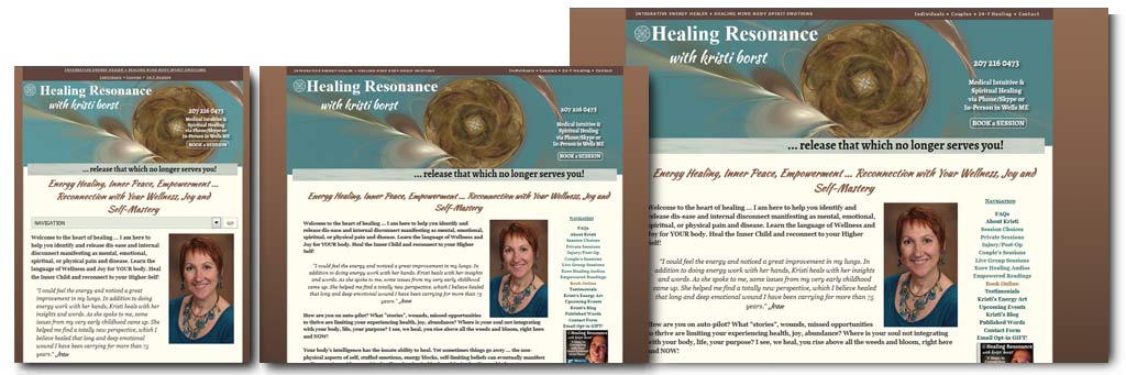 Mobile responsive web site screen captures for Healing Resonance lc with Kristi Borst
