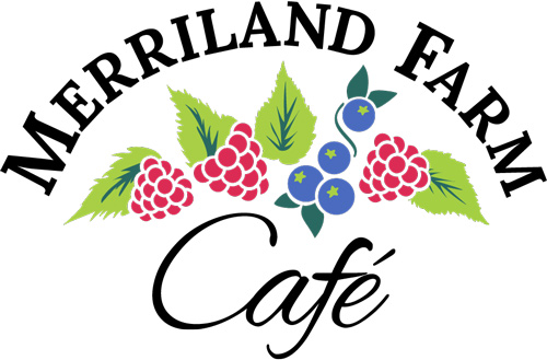 Merriland Farm Café graphic text with raspberry and blueberry illustrations