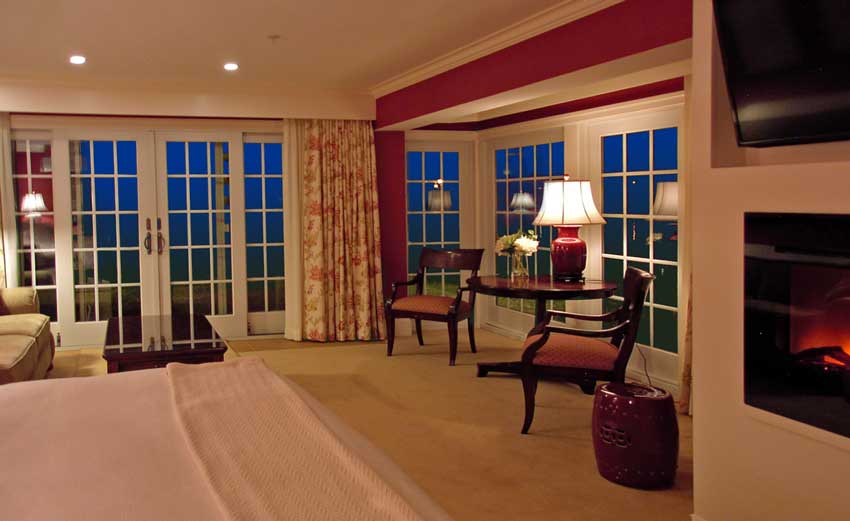 Resort guest room edited to show exterior features at twilight.