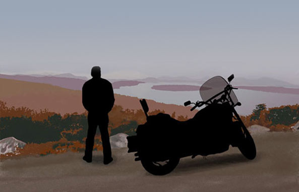 Silhouette of man by motorcycle, created from montage of images in White Mountains NH